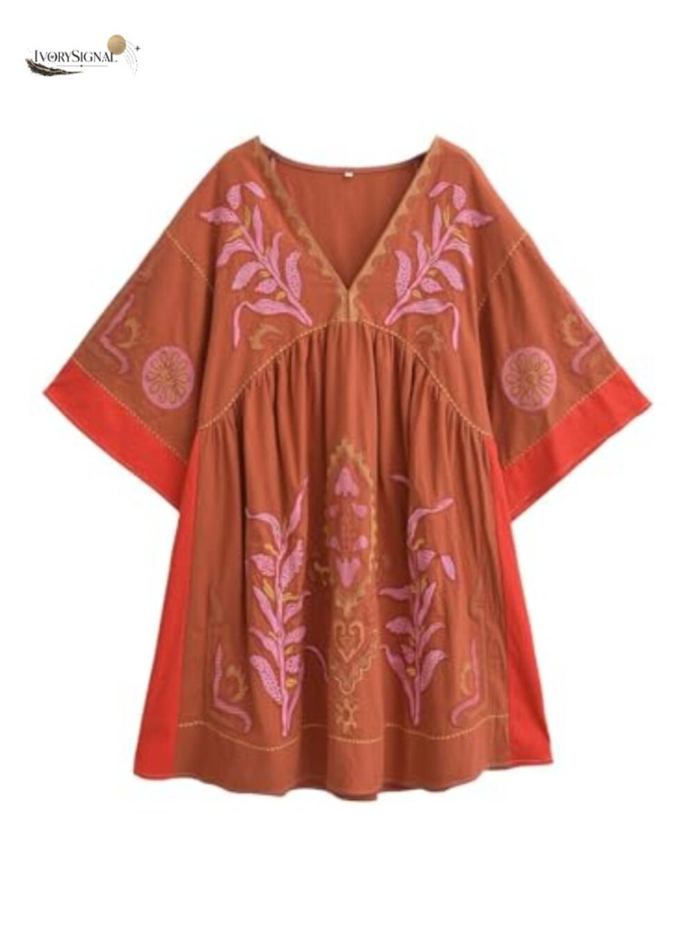 Embroidered Babydoll Dress, V-Neck 3/4 Sleeve, Loose Fit, Floral